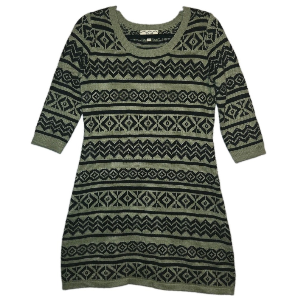Pink Rose Fair Isle Sweater Dress Size Large Olive Green Black Scandi Cabincore